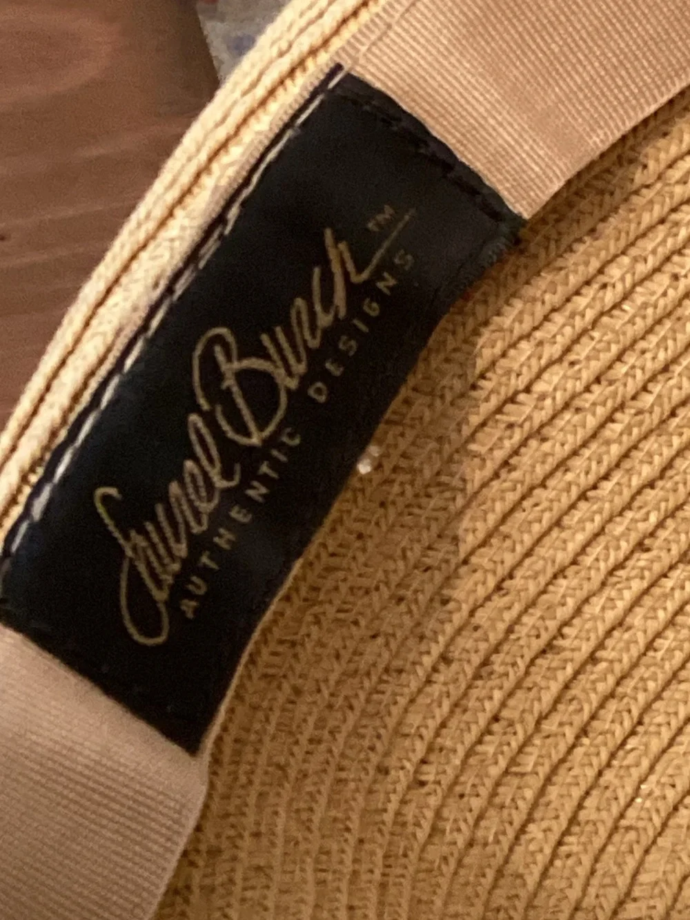 LAUREL BURCH VINTAGE WIDE BRIMMED STRAW HAT STYLIZED CAT FACE HAT BAND TAN PINK